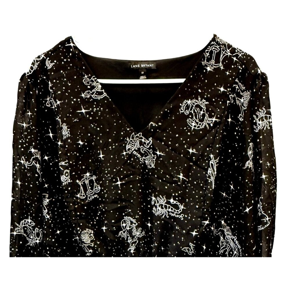 Lane Bryant Zodiac Print VNeck Blouse 18 Peplum Plus Size 18 Psychic Lightweight - Picture 2 of 8